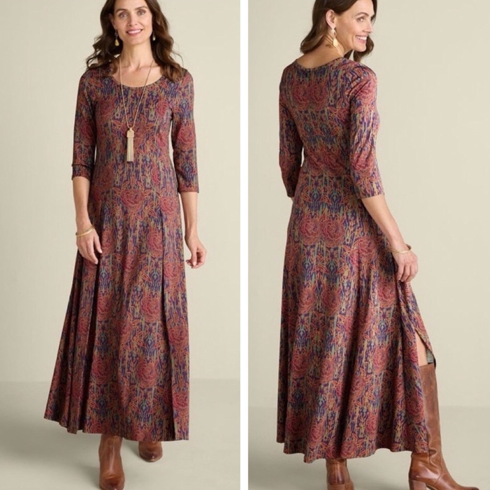 Soft Surroundings Alcott Floral Roses Slit 3/4 Sleeves Brown Red Maxi Dress S